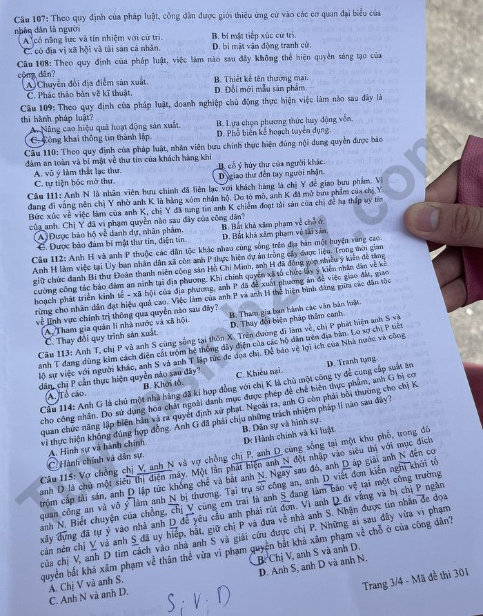 Dap an de thi mon GDCD - Ma de 301 tot nghiep THPT 2023
