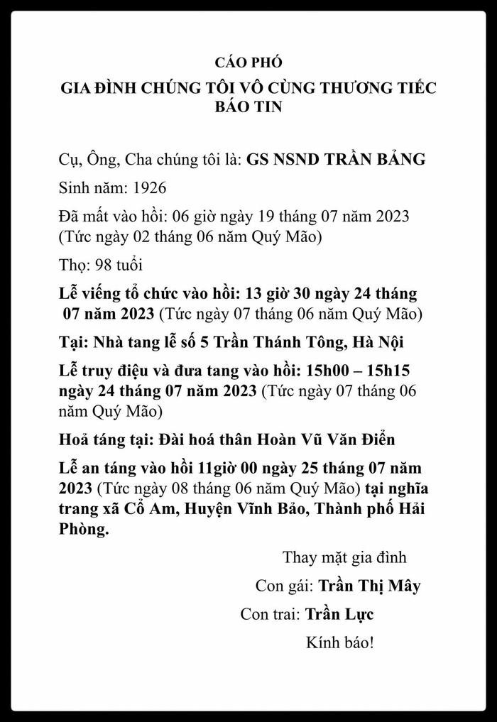 Thông tin về tang lễ NSND Trần Bảng Ảnh 1