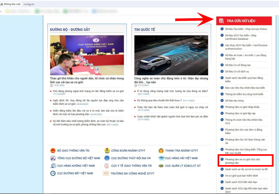 Tra cứu phạt nguội tại website của Cục Đăng kiểm Việt Nam.