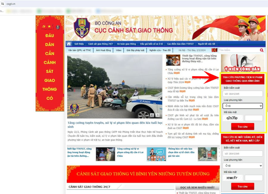 Tra cứu phạt nguội tại website của Cục Cảnh sát giao thông.