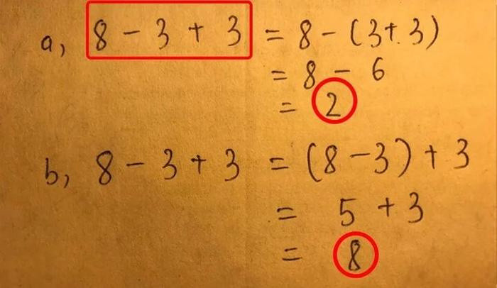 Bài toán tiểu học '8-3+3' ra hai đáp án bằng 2 và 8, đâu mới là đáp án đúng? Ảnh 1