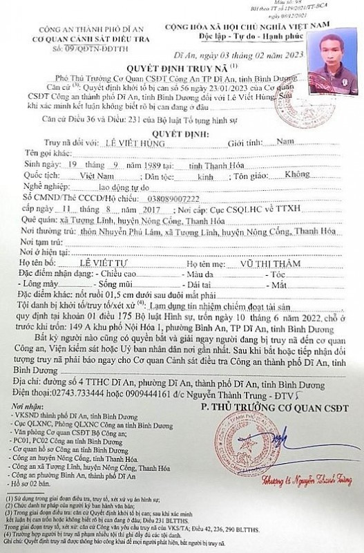 Quyết định truy nã đối tượng Lê Viết Hùng. Ảnh: Công an TP Dĩ An