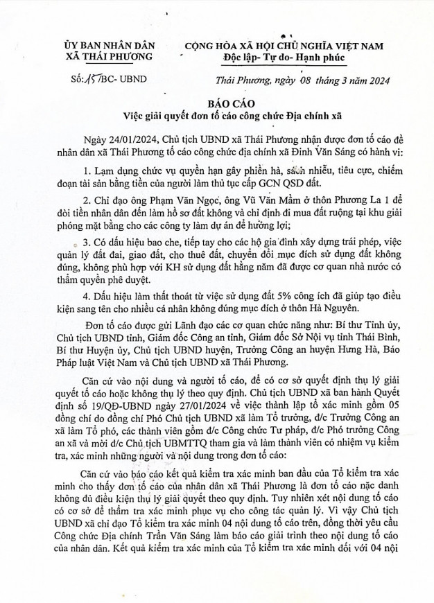 Tường bao có dấu hiệu lấn hành lang thủy lợi của hộ gia đình ông Trần Văn Sơn. Căn nhà đang xây dựng rộng gần 1.000m2 trên đất nông nghiệp. 2. Ngày 8/3/2024, UBND xã Thái Phương đã có Báo cáo số: 15/BC-UBND về việc giải quyết đơn tố cáo công chức địa chính xã. 3.