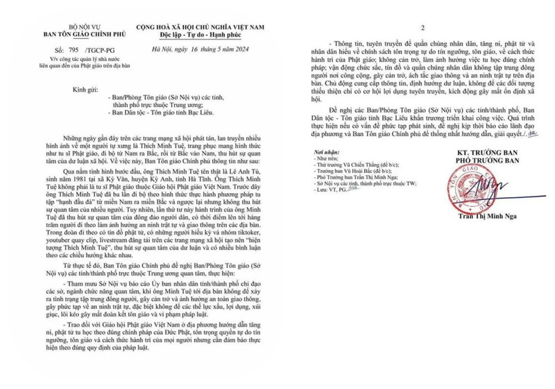 Ban Tôn giáo Chính phủ thông tin về "sư Thích Minh Tuệ" ảnh 1
