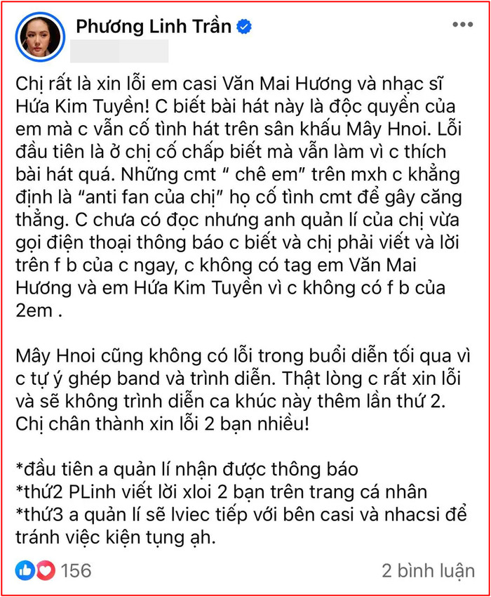 Phương Linh đăng đàn xin lỗi Văn Mai Hương vì hát ca khúc độc quyền nhưng không xin phép Ảnh 1