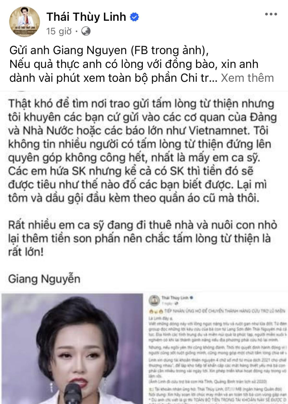 Bị tố ăn chặn tiền cứu trợ bão lũ, Thái Thuỳ Linh bức xúc lên tiếng Ảnh 1