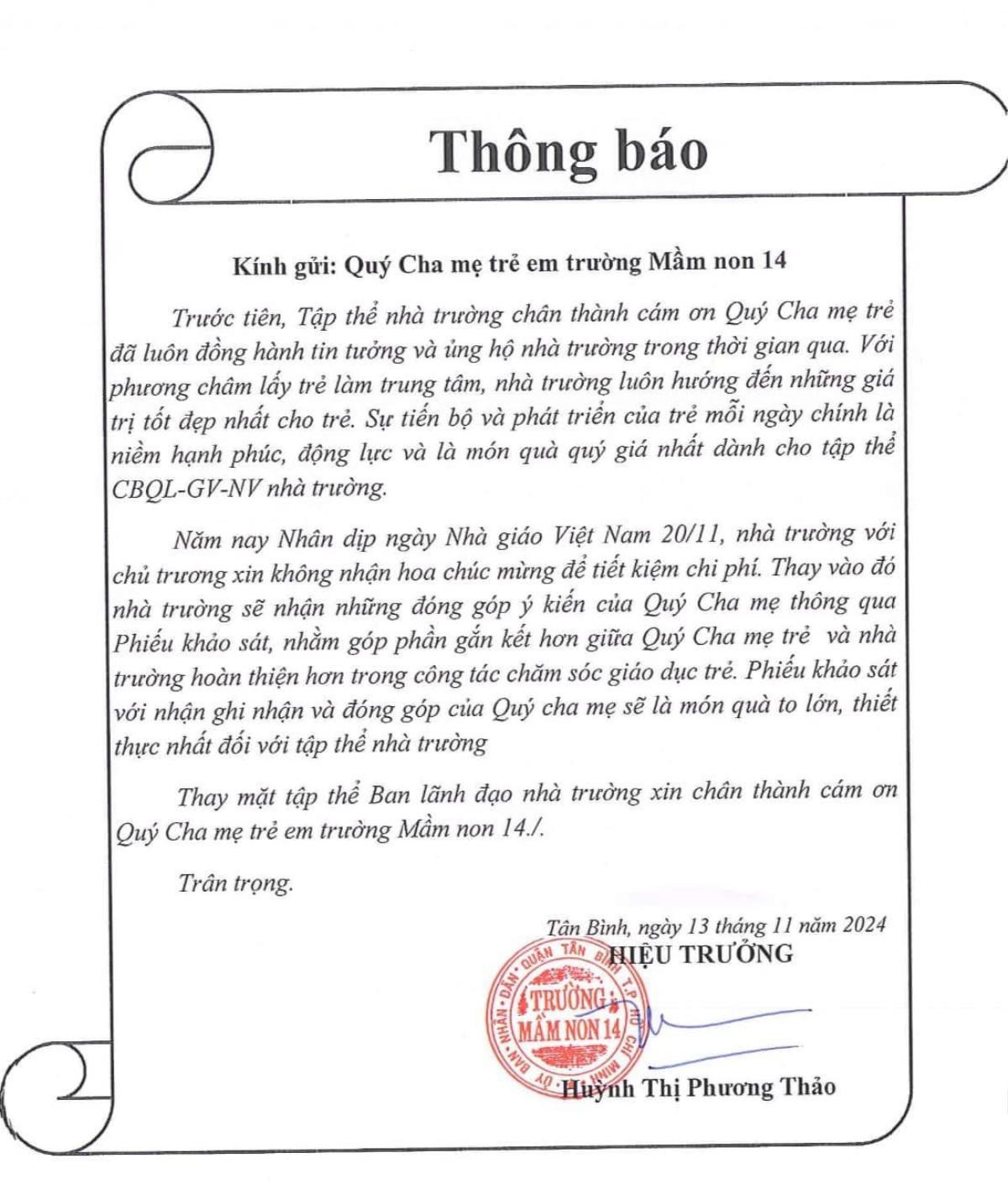 Trường mầm non bất ngờ không nhận hoa 20/11, chỉ xin 'món quà' đặc biệt từ phụ huynh Ảnh 1