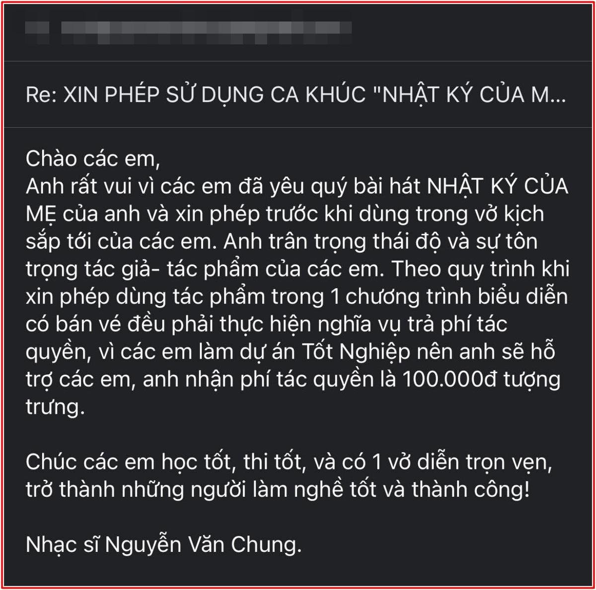 Nhạc sĩ Nguyễn Văn Chung quyết định thu phí tác quyền với giá 100 nghìn đồng.