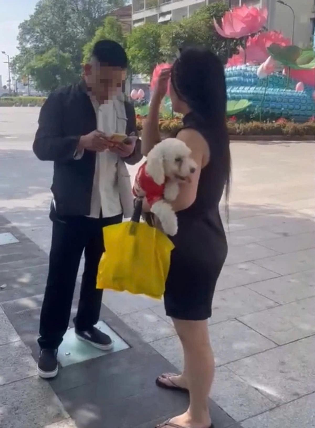Đôi nam nữ dắt chó vào khuôn viên phố đi bộ