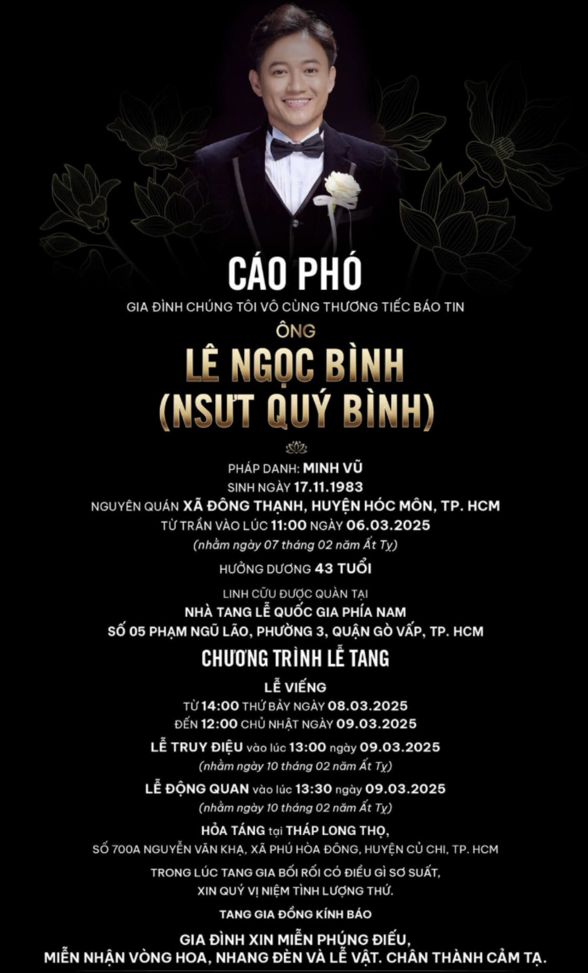 Hình ảnh cáo phó của diễn viên Quý Bình. Ảnh: Sưu tầm