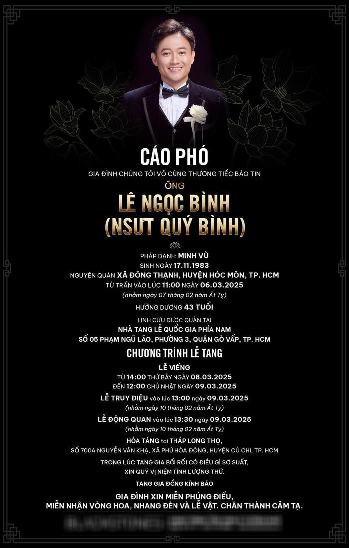Thông tin cáo phó Quý Bình.