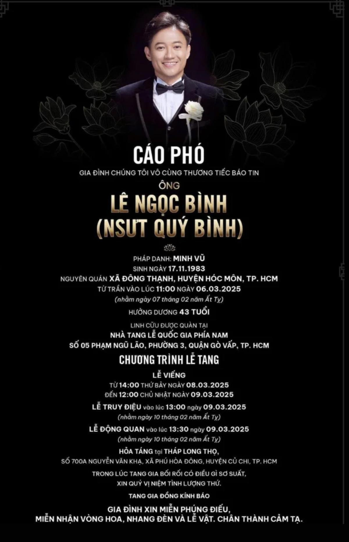 Cáo phó tang lễ của Quý Bình.