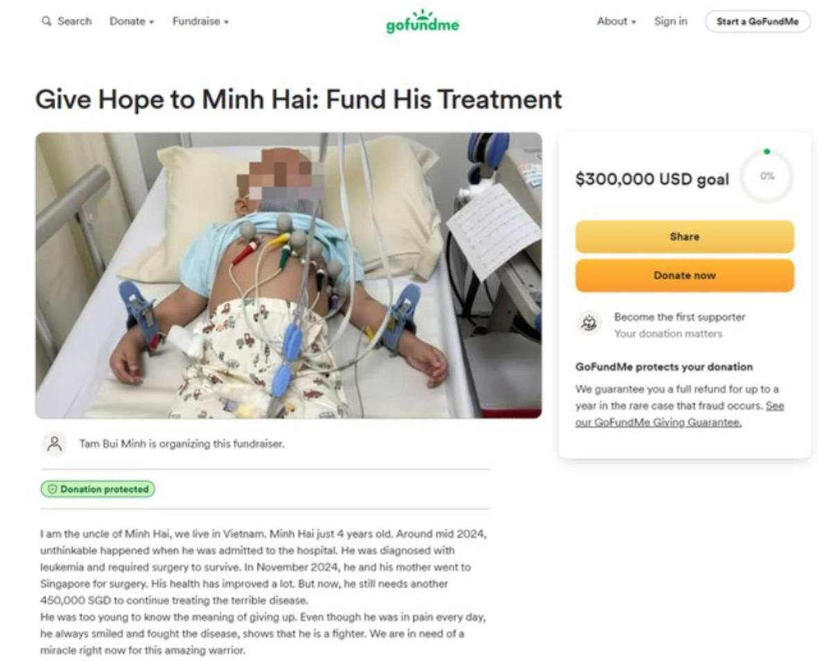 Bài đăng về bé Bắp xuất hiện trên GoFundMe.com