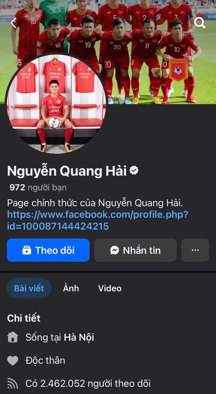 Trang mạng xã hội có tích xanh của Quang Hải để tình trạng 'độc thân'. (Ảnh chụp màn hình)