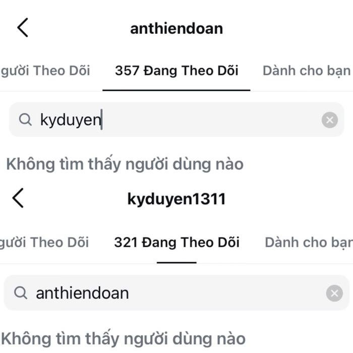 Kỳ Duyên và Thiên Ân bất ngờ hủy theo dõi đối phương trên mạng xã hội. (Ảnh chụp màn hình)