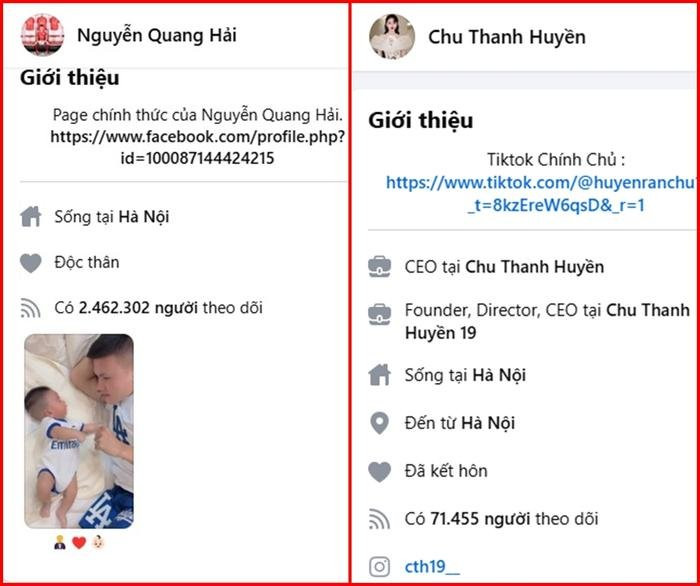 Tình trạng hôn nhân của Chu Thanh Huyền là 'Đã kết hôn', trong khi Quang Hải ghi 'Độc thân'. (Ảnh chụp màn hình)