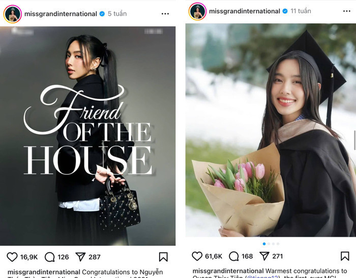 Trang Instagram của Hoa hậu Hòa bình Quốc tế vẫn còn lưu giữ ảnh của Hoa hậu Thùy Tiên. (Ảnh chụp màn hình)