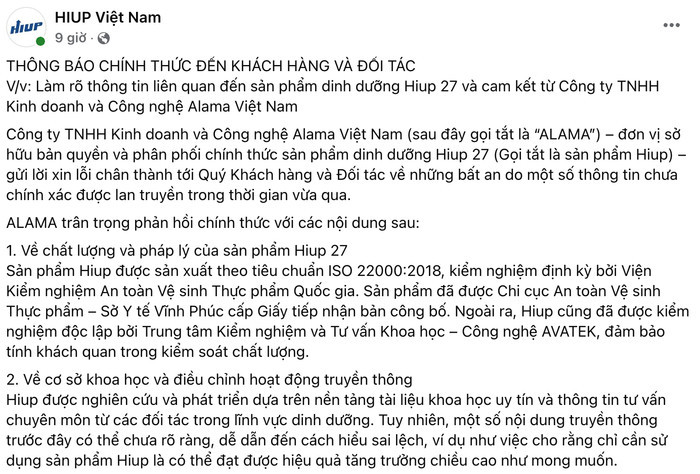 Thông báo từ phía công ty TNHH Kinh doanh và Công nghệ Alama Việt Nam về sản phẩm sữa HIUP. Ảnh: Chụp màn hình