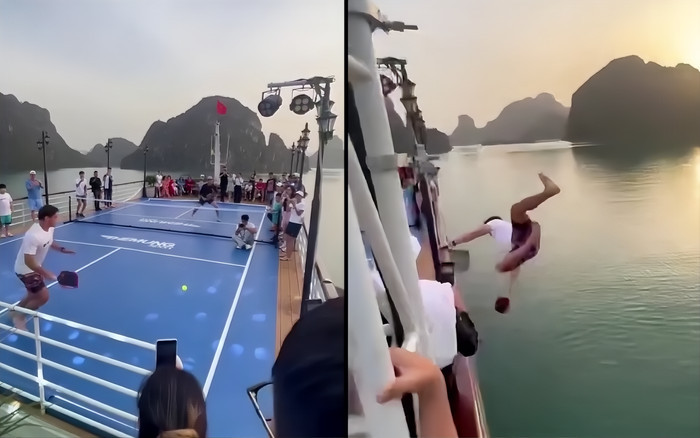 Một người đàn ông bất ngờ lao xuống biển khi chơi pickleball trên boong tàu hết sức nguy hiểm. Ảnh cắt từ clip