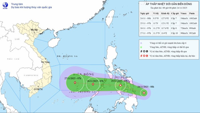 Hiện trạng áp thấp nhiệt đới trên vùng biển phía Đông miền Trung Phi-líp-pin. Ảnh: Trung tâm Dự báo Khí tượng Thuỷ văn Quốc gia