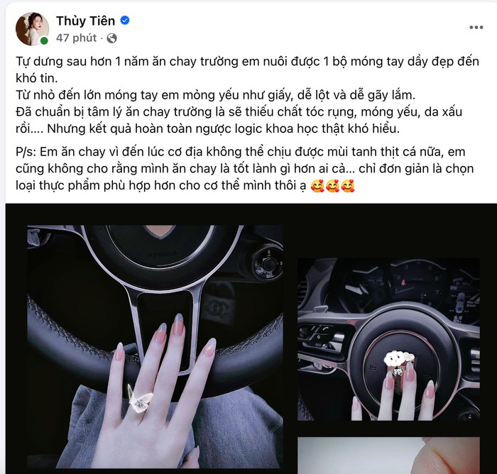 Bài đăng của ca sĩ Thủy Tiên tiết lộ chuyện bản thân đã chuyển sang ăn chay trường hơn 1 năm qua.