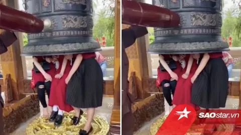 Xôn xao clip 3 cô gái chui vào trong chuông lớn để sư thầy gõ 'giác ngộ' dịp đầu năm
