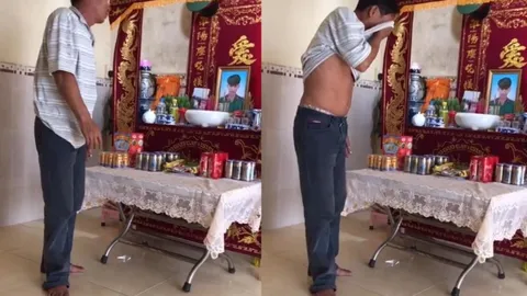 Xót xa cảnh ông bố đứng trước di ảnh con trai vừa mắng vừa khóc, vừa đưa tay quệt nước mắt chảy dài