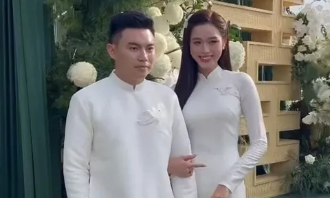 Đỗ Thị Hà e ấp bên chồng doanh nhân trong lễ ăn hỏi, visual 'cô dâu mới' bừng sáng cả khung hình