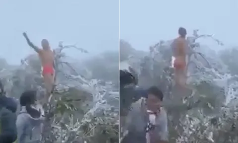 Clip: Giữa thời tiết lạnh giá, người đàn ông cởi trần hò hét trên đỉnh Mẫu Sơn khiến nhiều người bất ngờ