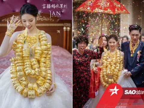Cô dâu đeo vàng nặng trĩu đến 'gãy cổ' trong đám cưới, dân mạng xôn xao bàn tán