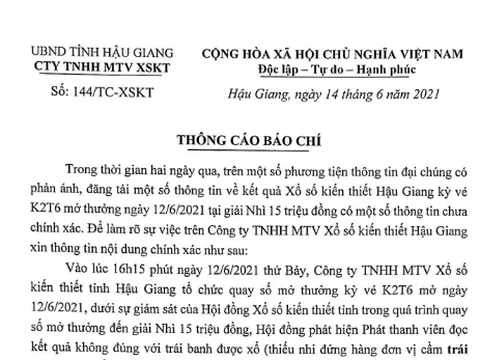 Công ty Xổ số kiến thiết Hậu Giang ra thông cáo báo chí về việc nhầm số trúng giải Nhì 15 triệu đồng