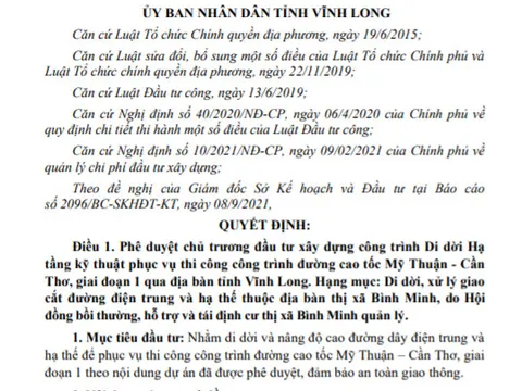 Vĩnh Long: Phê duyệt chủ trương đầu tư xây dựng công trình phục vụ thi công đường cao tốc Mỹ Thuận- Cần Thơ