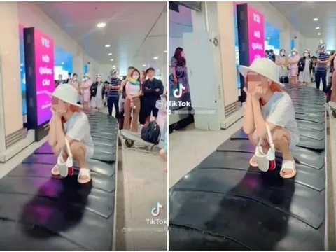 Lại xuất hiện nữ Tiktoker 'làm trò' ở sân bay, ngồi trên băng chuyền hành lý nũng nịu tạo dáng