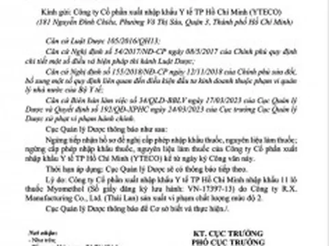 Công ty YTECO TP.HCM nhập khẩu 11 lô thuốc Myomethol vi phạm chất lượng