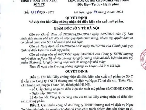 Thu hồi Giấy chứng nhận đủ điều kiện sản xuất mỹ phẩm Công ty Ngọc Tú
