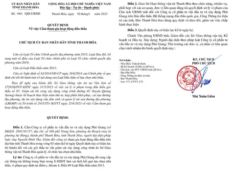 Thanh Hóa: Một công ty bị cấm tham gia hoạt động đấu thầu trên địa bàn tỉnh