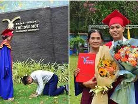 Tốt nghiệp Thạc sĩ, chàng trai quỳ xuống chân mẹ bày tỏ lòng biết ơn
