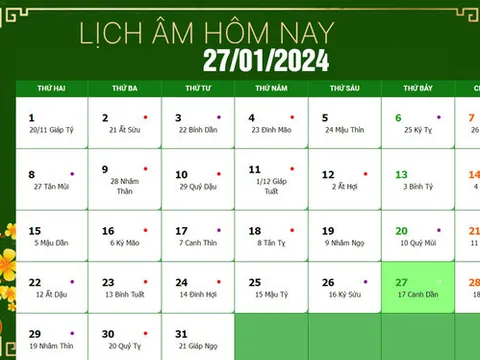Lịch âm 27/1, xem âm lịch hôm nay Thứ 7 ngày 27/1/2024 đầy đủ nhất