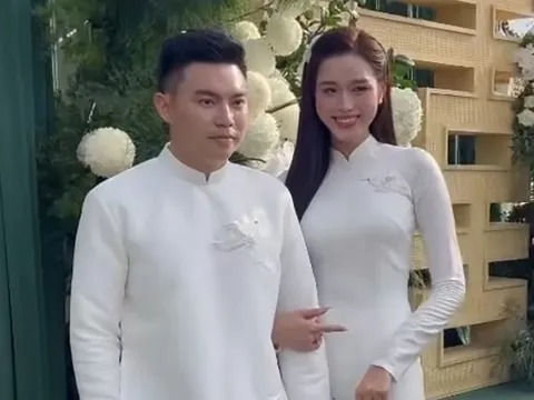Đỗ Thị Hà e ấp bên chồng doanh nhân trong lễ ăn hỏi, visual 'cô dâu mới' bừng sáng cả khung hình