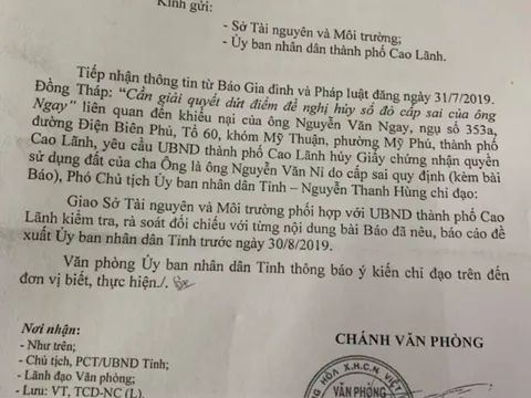 Vụ đề nghị hủy sổ đỏ cấp sai của ông Ngay: UBND tỉnh Đồng Tháp chỉ đạo giải quyết