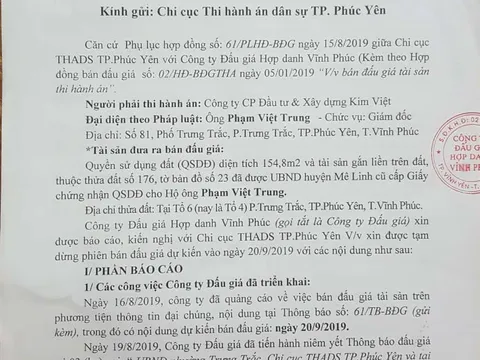 Vĩnh Phúc: Cần dừng việc bán đấu giá tài sản để xem xét thủ tục giám đốc thẩm?