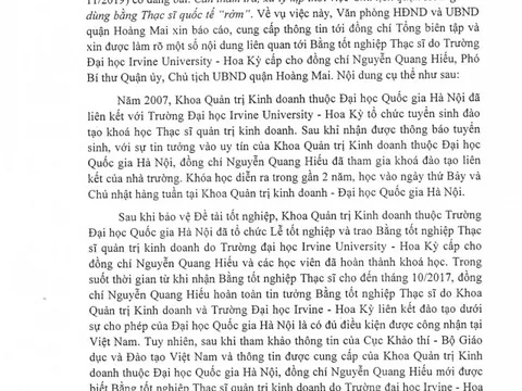 Có hay không việc Chủ tịch quận Hoàng Mai dùng bằng thạc sĩ quốc tế 'rởm'?