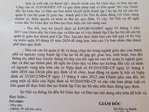 Cần Thơ: Đề nghị thu hồi Quyết định về thành lập CLB nữ cán bộ QLGD TP Cần Thơ
