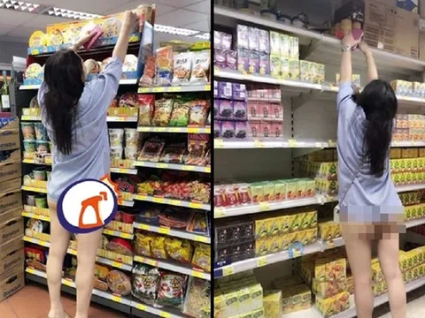 Thản nhiên nhón chân lấy gói mì trên kệ, cô gái lộ nguyên vòng 3 khiến người xung quanh 'đỏ mặt'