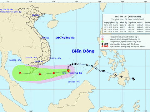 Cơn bão số 14 giật cấp 10 cách bãi Huyền Trân khoảng 270 km