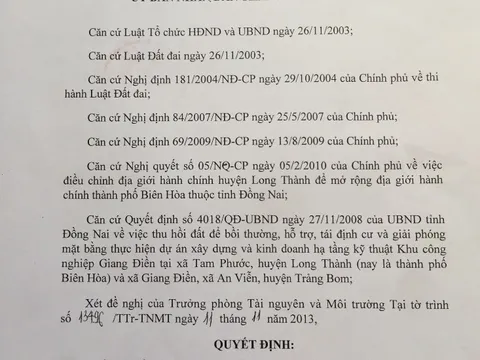 Biên Hòa, Đồng Nai: QĐ điều chỉnh tên sử dụng đất có phải là QĐ thu hồi đất!?