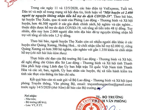 Yêu cầu kiểm tra thông tin hàng loạt hộ dân ở Thanh Hóa không nhận tiền hỗ trợ khó khăn do dịch Covid-19