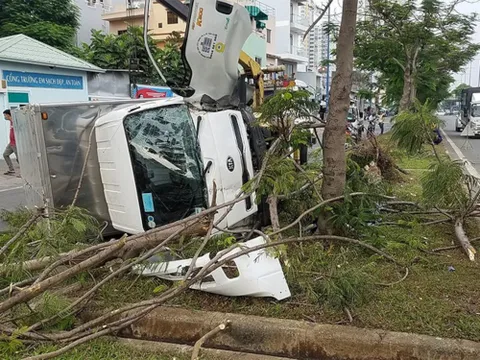 Xe tải biến dạng sau khi tông gãy hai cây xanh, tài xế và phụ xe may mắn thoát chết
