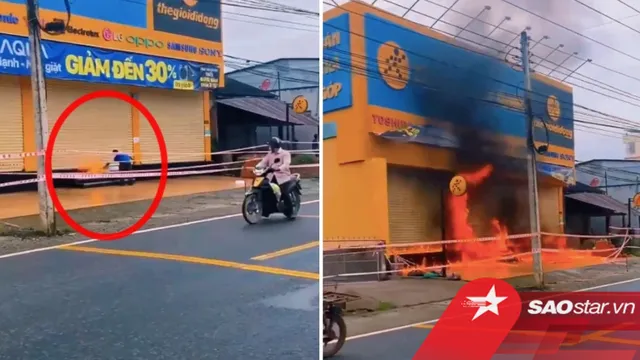 Đang ung dung trên đường, thanh niên châm lửa đốt Điện Máy Xanh cháy ngùn ngụt