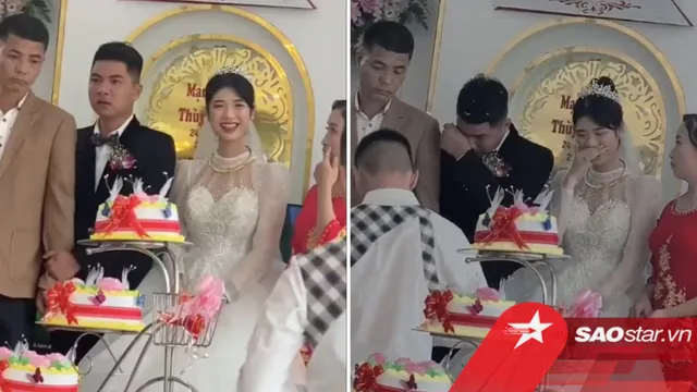 Chú rể nắm chặt tay bố lau nước mắt bên cạnh cô dâu cười tươi, biểu cảm của người bố càng gây chú ý